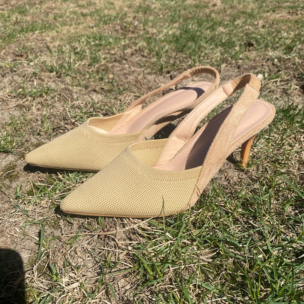 Tan Slingback Kitten Heel Elastic Stretch